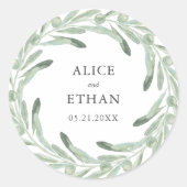 Groen Olijf Bruiloft Ronde Sticker (Voorkant)