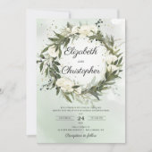 Groen Olijf Foliage Krans Wit Rozen Bruiloft Kaart (Voorkant)