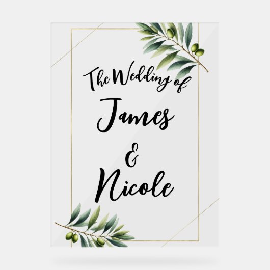 Groen Olijfblad & Goud Rustiek Trouwbord Acryl Bord (Voorkant)