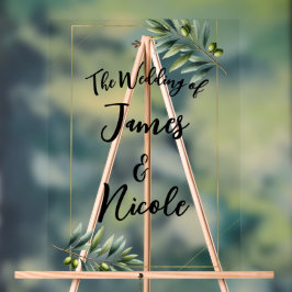 Groen Olijfblad & Goud Rustiek Trouwbord Acryl Bord