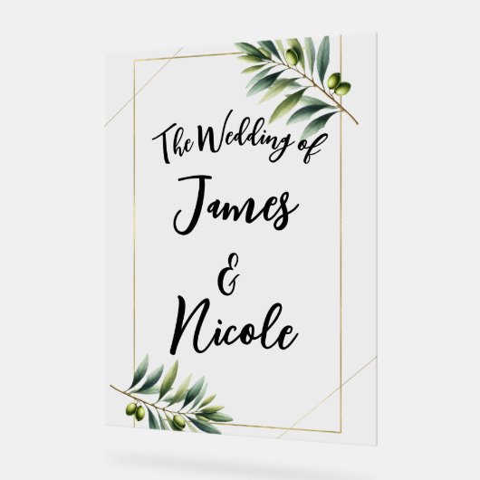 Groen Olijfblad & Goud Rustiek Trouwbord Acryl Bord (Hoek)