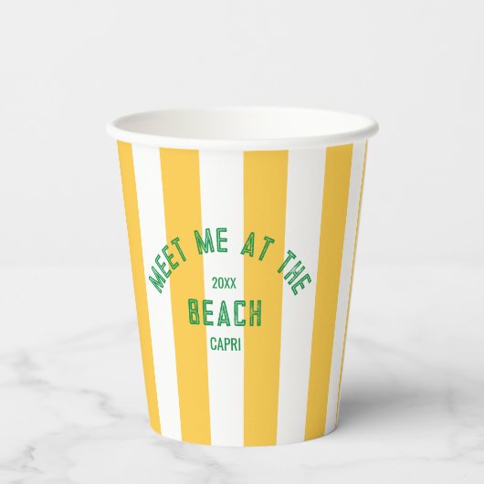 Groen Ontmoet me op het strand Gele Cabana Stripe Papieren Bekers (Achterkant)