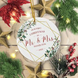 Groen Onze Eerste Kerstmis als Mijnheer & Mevrouw Keramisch Ornament