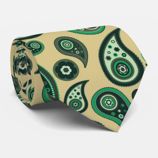 Groen op Beige Paisley Nicktie Stropdas (Opgerold)