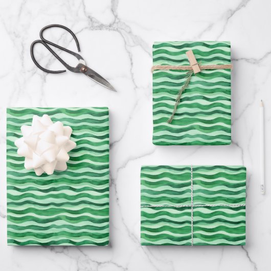 Groen op groene Waterverf Wavy Lines Inpakpapier Vel (Voorkant)