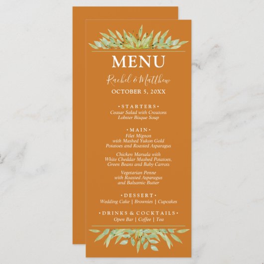 Groen op Oker herfst bruiloft Menu (Voorkant / Achterkant)