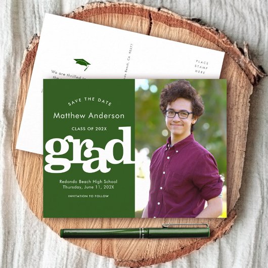 Groen opslaan datum afstuderen foto vet typografie uitnodiging briefkaart