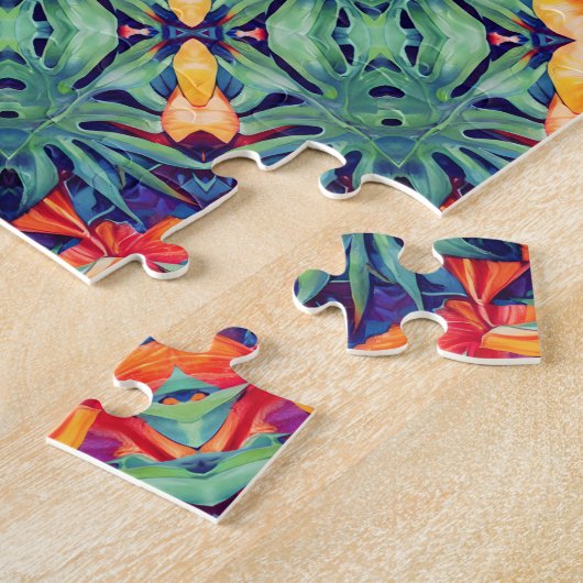 Groen Oranje Geel Abstract Tropisch Patroon Legpuzzel (Zijkant)