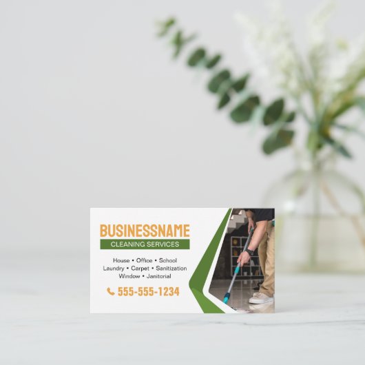 Groen & Oranje Huis Schoonmaak Kantoor Schoonmaak  Visitekaartje (Staand voorkant)