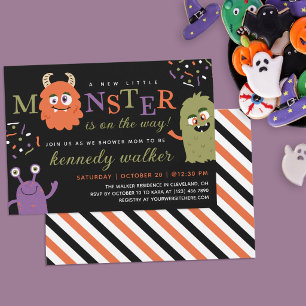 Groen Oranje Klein Monster Halloween Baby Shower Kaart