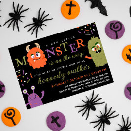 Groen Oranje klein Monster Halloween Baby shower Kaart