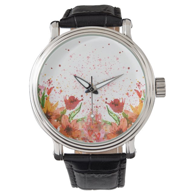 Groen & Oranje Modern Abstract Bloemmotief Horloge (Voorkant)