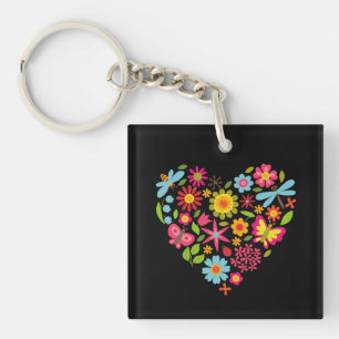 Groen & Oranje Modern Abstract Bloemmotief Sleutelhanger