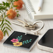 Groen & Oranje Modern Abstract Bloemmotief Sleutelhanger (Voorkant Rechts)