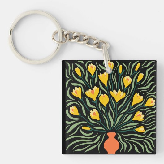 Groen & Oranje Modern Abstract Bloemmotief Sleutelhanger (voorkant)