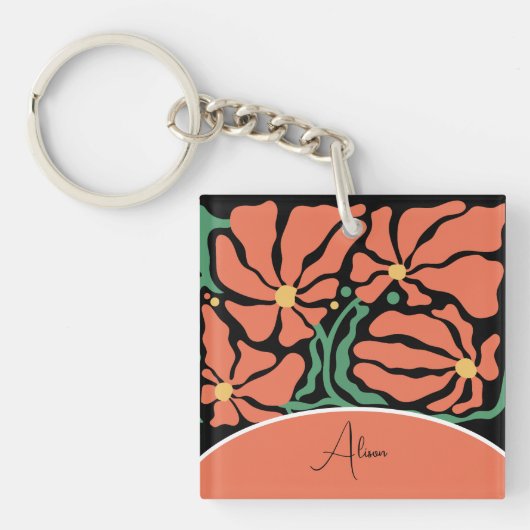 Groen & Oranje Modern Abstract Bloemmotief Sleutelhanger (voorkant)