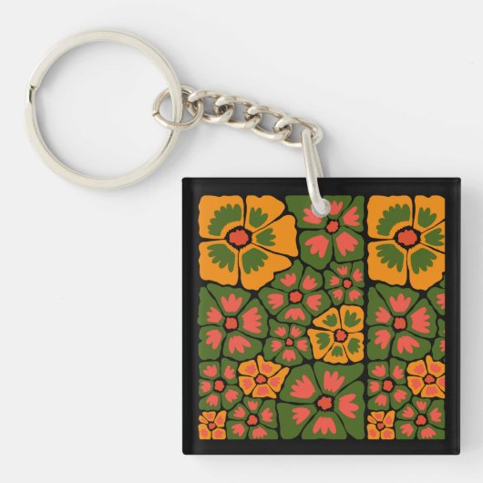Groen & Oranje Modern Abstract Bloemmotief Sleutelhanger (voorkant)