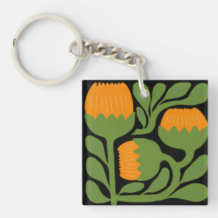 Groen & Oranje Modern Abstract Bloemmotief Sleutelhanger