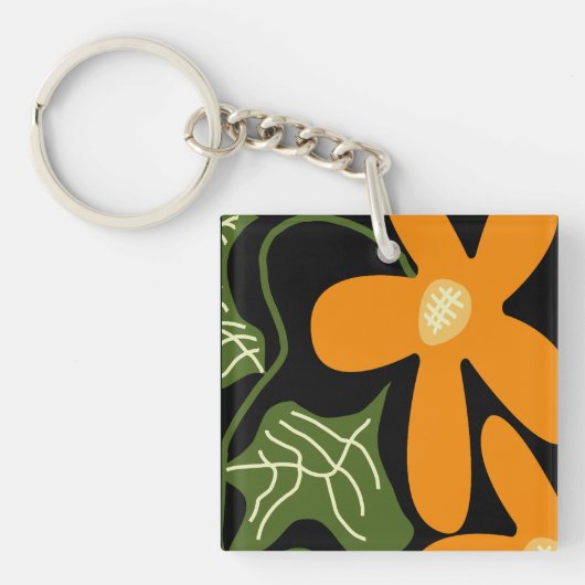 Groen & Oranje Modern Abstract Bloemmotief Sleutelhanger (voorkant)
