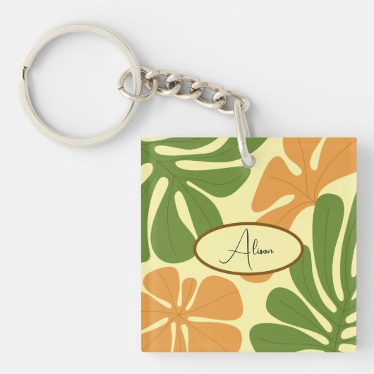 Groen & Oranje Modern Abstract Bloemmotief Sleutelhanger (voorkant)