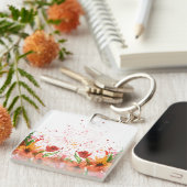 Groen & Oranje Modern Abstract Floral Sleutelhanger (Voorkant Rechts)