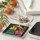 Groen & Oranje Modern Abstract Floral Sleutelhanger (Voorkant Rechts)