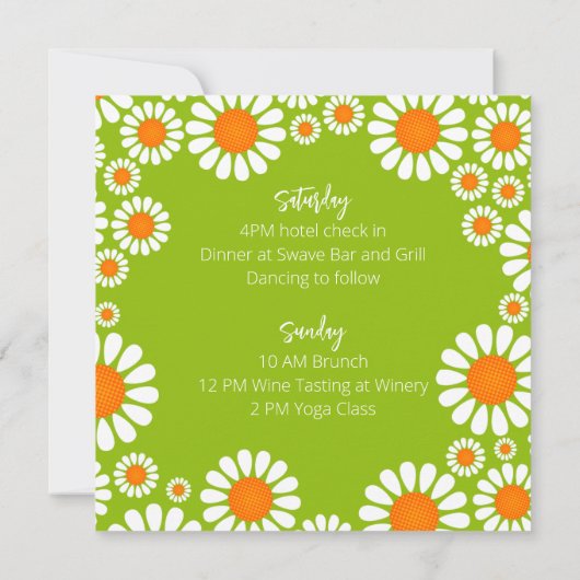 Groen Oranje Retro Daisy Bachelorette Itinerary Kaart (Achterkant)