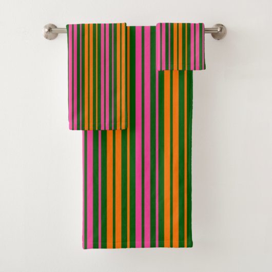 Groen Oranje Roze Verticale Strepen Design Bad Handdoek (Insitu)