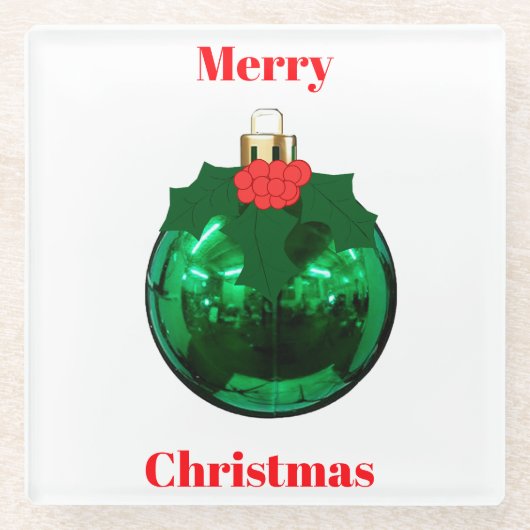 Groen Ornament met Holly Onderzetter Glazen Onderzetter (Voorkant)