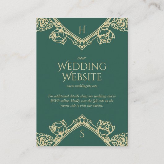 Groen Oud Geld  Crest Wedding Website Informatiekaartje (Voorkant)