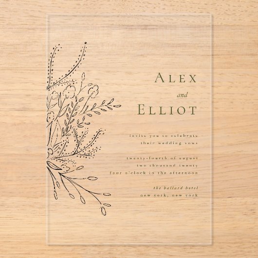 Groen Overfluwelen Boeket Bruiloft Acryl Uitnodigingen (Voorkant)