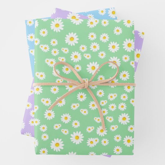 Groen, Paars en blauw Boho Spring Daisies Pattern Inpakpapier Vel (In situ)