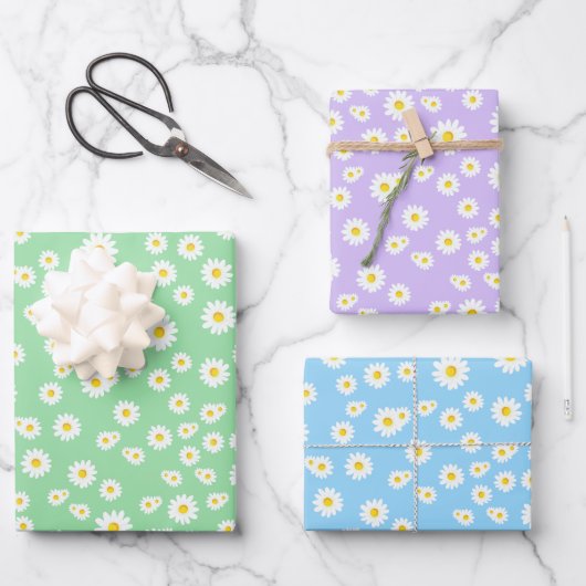 Groen, Paars en blauw Boho Spring Daisies Pattern Inpakpapier Vel (Voorkant)