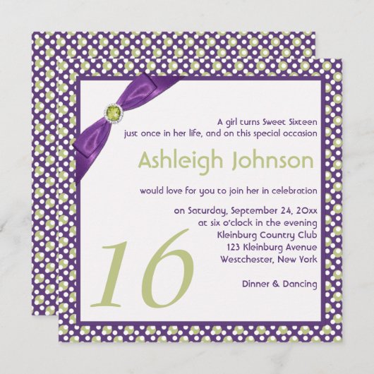 Groen, Paars en White Polka Dot Sweet 16 Kaart (Voorkant / Achterkant)