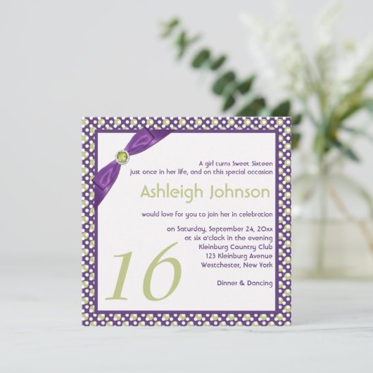 Groen, Paars en White Polka Dot Sweet 16 Kaart (Staand voorkant)