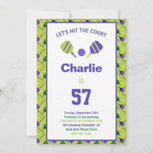 Groen + paars Pickleball Birthday party + RSVP Kaart