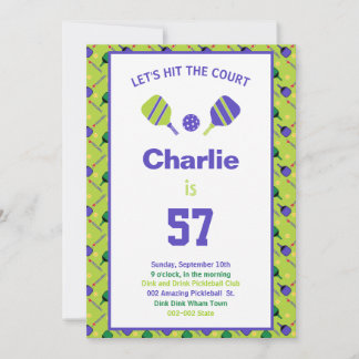 Groen + paars Pickleball Birthday party + RSVP Kaart