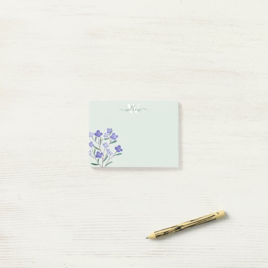 Groen Paars Waterverf Blossom Monogram Post-it® Notes (Op bureau)