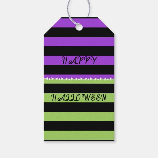 Groen Paars & Zwarte Halloween Streep Feest Cadeaulabel (Voorkant)