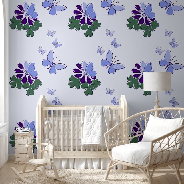 Groen Paarse Blauwe Doodle Bloemvlinders Accent Behang (Kinderen)