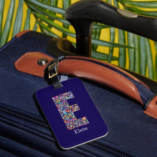 Groen paarse gele bloemen Monogram Initiaal E blau Bagagelabel (Voorkant Insitu 1)