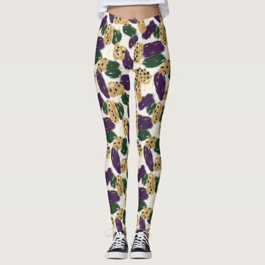 Groen Paarse gouden penseelstreken Patroon Leggings (Voorkant)