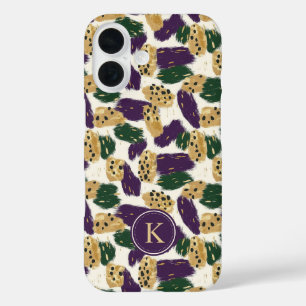 Groen Paarse gouden penseelstreken Patroon Monogra iPhone 16 Hoesje