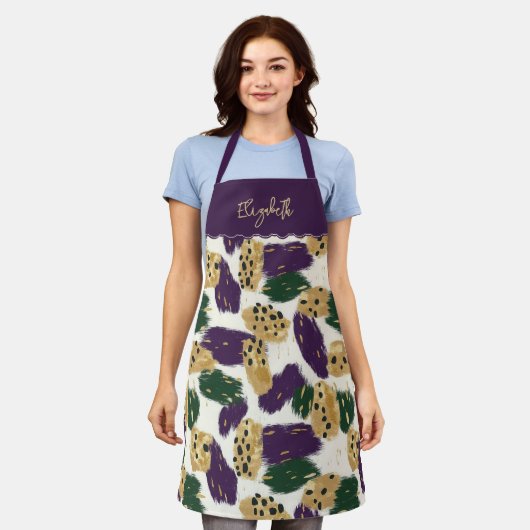 Groen Paarse gouden penseelstreken Patroon Monogra Schort (Gedragen)