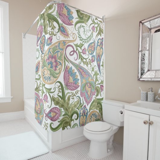Groen & Paarse Paisley Bloemendouchegordijn Douchegordijn (In situ)