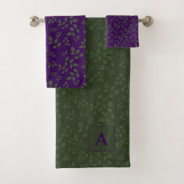 Groen paarse patroonbladeren monogram bad handdoek