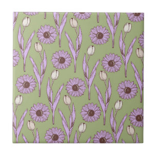 Groen Paarse Retro Y2K Funky Hippie Bloem Patroon Tegeltje