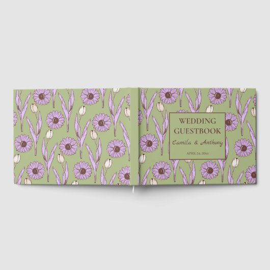 Groen Paarse Retro Y2K Funky Hippie Bloempatroon Gastenboek (Volledig)