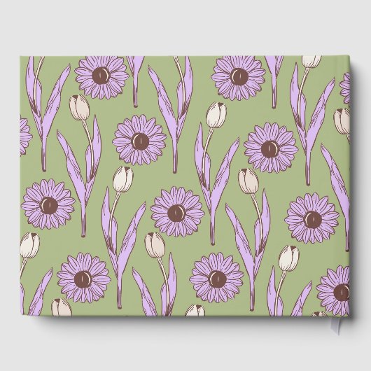 Groen Paarse Retro Y2K Funky Hippie Bloempatroon Gastenboek (Achterkant)