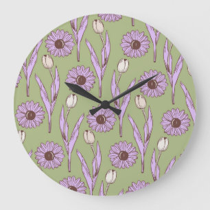 Groen Paarse Retro Y2K Funky Hippie Bloempatroon Grote Klok